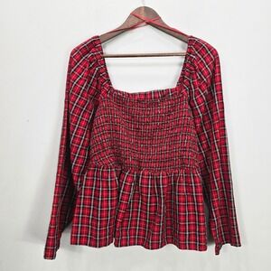 Old Navy Blouse Top 2X Red Tartan Plaid Modal Smocked Grunge Whimsigoth Milkmaid